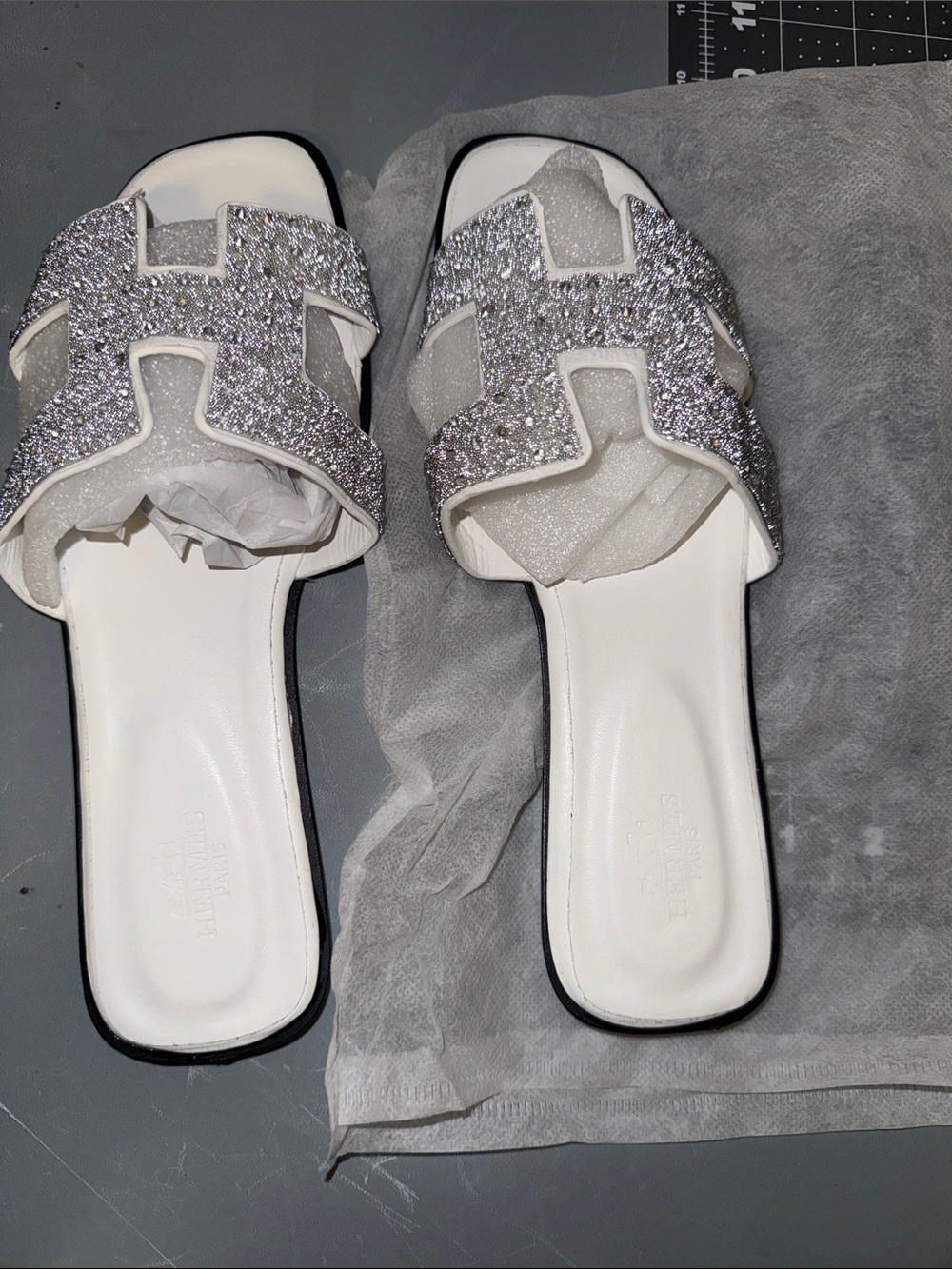 Hermes White Slide Mules with Silver Glitter H Strap